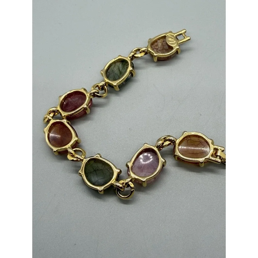 Liz Claiborne Acrylic Bracelet Gold Tone Link Multicolor Cabochon Chunky Vintage - Picture 5 of 13